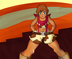 Size: 2000x1650 | Tagged: safe, artist:goodfreak, arizona (tfh), human, them's fightin' herds, community related, cowgirl, female, fit, humanized, muscles, muscular female, tanned, thick, thighs, tomboy, toned