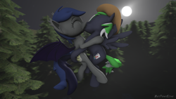 Size: 1280x720 | Tagged: safe, alternate version, artist:batponyecho, oc, oc only, oc:echo, oc:moonlit ace, bat pony, pegasus, pony, 3d, bat pony oc, bat wings, commission, cowboy hat, cutie mark, eyes closed, female, flying, forest, hat, kissing, male, mare, moon, night, oc x oc, shipping, source filmmaker, spread wings, stallion, straight, tail, tree, wings, ych result