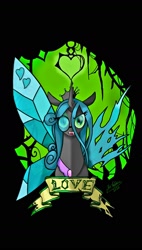 Size: 1080x1896 | Tagged: safe, artist:d00tnibba, artist:dragonthecreeper1, artist:razzy, idw, queen chrysalis, changeling, changeling queen, g4, reflections, spoiler:comic, black background, crown, duality, female, glasses, idw showified, jewelry, mirror universe, regalia, reversalis, signature, simple background, solo, two sides
