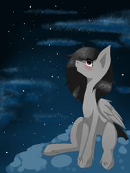 Size: 3000x4000 | Tagged: safe, artist:tomat-in-cup, oc, oc only, pegasus, pony, blushing, cloud, looking up, night, on a cloud, pegasus oc, sitting, smiling, stars, wings