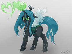 Size: 4000x3000 | Tagged: safe, artist:tomat-in-cup, artist:tomatinacup, queen chrysalis, changeling, changeling queen, nymph, g4, cute, cutealis, female, glowing horn, heart, horn, raised hoof, signature, solo, transparent wings, wings, young