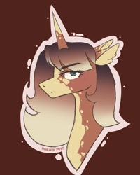 Size: 1080x1350 | Tagged: safe, artist:phoenixmisttx, oc, oc only, pony, unicorn, brown background, bust, coat markings, dappled, eyebrows, eyebrows visible through hair, horn, simple background, solo, unicorn oc