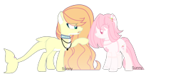 Size: 2356x976 | Tagged: safe, artist:mint-light, oc, oc only, earth pony, original species, pony, shark, shark pony, choker, duo, earth pony oc, eye clipping through hair, jewelry, necklace, pointing, raised hoof, smiling