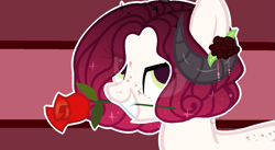 Size: 1397x768 | Tagged: safe, artist:mint-light, oc, oc only, original species, pony, abstract background, eye clipping through hair, flower, flower in hair, flower in mouth, freckles, grin, horn, mouth hold, rose, rose in mouth, smiling, solo