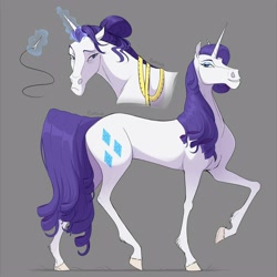 Size: 4000x4000 | Tagged: safe, artist:punkcoa, rarity, pony, unicorn, g4, female, frown, glowing horn, gray background, hoers, horn, mare, measuring tape, messy mane, raised hoof, sewing needle, signature, simple background, smiling, solo, thread, tired