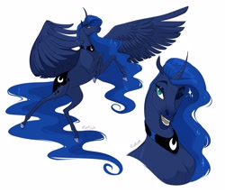 Size: 4096x3511 | Tagged: safe, artist:punkcoa, princess luna, alicorn, pony, g4, bust, cute, female, hoers, lunabetes, mare, one eye closed, peytral, portrait, signature, simple background, slit pupils, smiling, solo, spread wings, white background, wings, wink