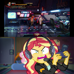 Size: 1280x1280 | Tagged: safe, edit, edited screencap, screencap, fluttershy, sunset shimmer, equestria girls, g4, game stream, my little pony equestria girls: better together, angry, axel stone, gamer sunset, meme, mr. y, streets of rage, streets of rage 4, video game