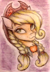 Size: 720x1030 | Tagged: safe, artist:omnisimon11, applejack, earth pony, pony, g4, alternate hairstyle, apple, braid, bust, clothes, colored pencil drawing, cowboy hat, dress, female, food, gala dress, hat, mare, portrait, solo, traditional art