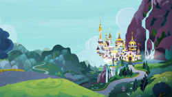 Size: 7680x4320 | Tagged: safe, screencap, g4, the ending of the end, canterlot, city, no pony, scenery, upscaled, valley, waterfall