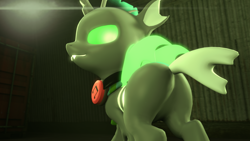 Size: 1280x720 | Tagged: safe, artist:extrachunkthis, oc, oc only, oc:jayce the changeling, changeling, 3d, bugbutt, butt, clothes, featureless crotch, green changeling, headphones, looking back, male, plot, scarf, solo, source filmmaker