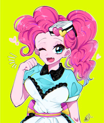 Size: 768x900 | Tagged: safe, artist:raimugi____, pinkie pie, coinky-dink world, eqg summertime shorts, equestria girls, g4, carhop, chromatic aberration, clothes, cute, cute little fangs, diapinkes, dress, fangs, female, green background, hat, heart, looking at you, one eye closed, open mouth, pixiv, server pinkie pie, simple background, solo, wink