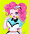 Size: 768x900 | Tagged: safe, artist:raimugi____, pinkie pie, coinky-dink world, equestria girls, g4, my little pony equestria girls: summertime shorts, carhop, chromatic aberration, clothes, cute, cute little fangs, diapinkes, dress, fangs, female, green background, hat, heart, looking at you, one eye closed, open mouth, pixiv, server pinkie pie, simple background, solo, wink