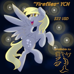Size: 2160x2160 | Tagged: safe, artist:cadetredshirt, derpy hooves, firefly (insect), insect, pegasus, pony, g4, commission, ear fluff, female, flying, high res, looking up, mare, night, simple background, smiling, solo, ych example, ych result