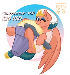 Size: 1811x1957 | Tagged: safe, artist:cadetredshirt, somnambula, pegasus, pony, g4, clothes, commission, dessert, ear fluff, egyptian, egyptian pony, female, food, ice cream, looking at you, mare, one eye closed, shaved ice, simple background, smiling, solo, spoon, tiny, tiny ponies, wings, wink, ych example, your character here