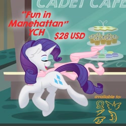 Size: 3000x3000 | Tagged: safe, artist:cadetredshirt, rarity, pony, unicorn, g4, rarity takes manehattan, cafe, clothes, commission, ear fluff, eyes closed, female, food, high res, horn, lemon squares, macaron, manehattan, muffin, open mouth, scarf, solo, street, walking, ych example, your character here