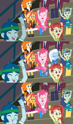 Size: 1417x2391 | Tagged: safe, edit, edited screencap, screencap, blueberry cake, captain planet, golden hazel, pinkie pie, rose heart, sunset shimmer, trixie, equestria girls, equestria girls series, g4, sock it to me, sock it to me: bulk biceps, spoiler:choose your own ending (season 2), spoiler:eqg series (season 2), armpits, arms in the air, bleachers, cheering, clothes, clothespin, comparison, crossed arms, crystal prep academy uniform, eyes closed, geode of empathy, geode of sugar bombs, holding nose, magical geodes, school uniform, sock it to me: rarity, sock it to me: trixie