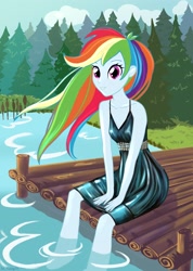 Size: 2063x2890 | Tagged: safe, artist:in_yang18, rainbow dash, equestria girls, black dress, cattails, clothes, commission, commissioner:ajnrules, dress, feet in water, female, forest, forest background, lake, little black dress, pier, rainbow dash always dresses in style, reeds, sleeveless, solo, wet clothes, wet dress, ych result