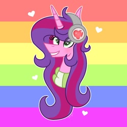 Size: 1280x1280 | Tagged: safe, artist:darbypop1, oc, oc only, oc:alyssa rice, alicorn, pony, bust, clothes, female, headphones, mare, portrait, pride flag, scarf, solo