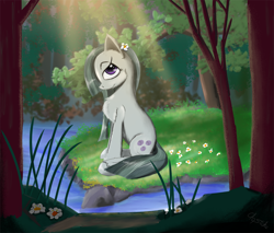 Size: 3000x2550 | Tagged: safe, artist:chopsticks, marble pie, earth pony, pony, cheek fluff, chest fluff, crepuscular rays, cute, ear fluff, female, flower, flower in hair, forest, hoof fluff, looking at you, marblebetes, mare, outdoors, river, sitting, solo, stream, sunlight, water