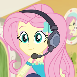 Size: 715x719 | Tagged: safe, artist:invisibleink, fluttershy, equestria girls, equestria girls series, g4, bedroom, clothes, gamershy, gaming, headset, smiling