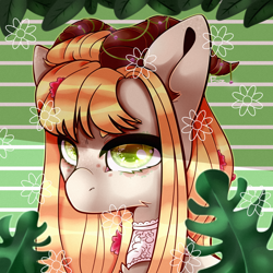 Size: 2000x2000 | Tagged: safe, artist:etoz, oc, oc only, pony, bust, female, flower, high res, horns, mare, plant, request, requested art, solo