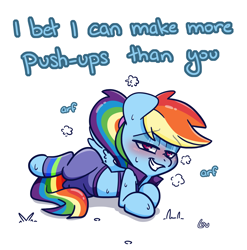 Size: 1514x1534 | Tagged: safe, artist:lou, rainbow dash, pegasus, pony, g4, alternate hairstyle, blushing, buckball fan gear rainbow dash, clothes, dialogue, faic, female, grammar error, jacket, mare, pants, ponytail, simple background, smug, smugdash, solo, sports bra, sweat, sweatpants, talking to viewer, white background, workout outfit