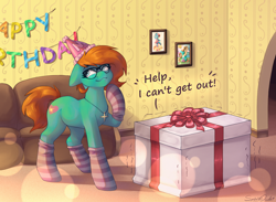 Size: 3000x2200 | Tagged: safe, artist:spirit-dude, oc, oc only, oc:maggie heartglow, earth pony, pony, clothes, female, hat, high res, mare, party hat, present, socks, striped socks