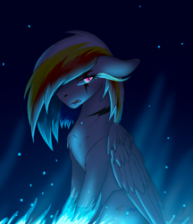 Size: 862x1000 | Tagged: safe, artist:chrystal2288, artist:chrystal_company, artist:darky_wings, oc, oc only, oc:agressive wings, oc:darky wings, pegasus, pony, angry, blue fire, collaboration, dark background, fire, floppy ears, glowing, glowing eyes, wings