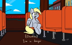 Size: 1734x1079 | Tagged: safe, artist:taurson, derpy hooves, pegasus, pony, g4, atg 2020, bus, caption, city, female, i'm in danger, male, meme, newbie artist training grounds, parody, ponified meme, ralph wiggum, sitting, smiling, solo, the simpsons