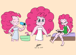 Size: 2339x1700 | Tagged: safe, artist:tmntsam, pinkie pie, human, equestria girls, g4, alternate universe, brushie, clothes, dress, female, fur, furry human, hair blow dryer, naked towel, solo, towel
