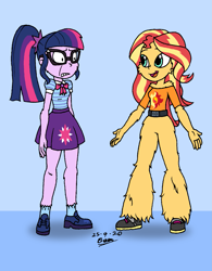 Size: 1323x1700 | Tagged: safe, artist:tmntsam, sci-twi, sunset shimmer, twilight sparkle, human, equestria girls, g4, alternate universe, belt, bottomless, casual nudity, clothes, duo, featureless crotch, female, fur, furry human, hairy legs, nudity, partial nudity, ponytail, strategically covered, wide eyes