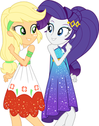 Size: 1280x1621 | Tagged: safe, artist:cloudy glow, applejack, rarity, equestria girls, g4, i'm on a yacht, my little pony equestria girls: better together, armband, bare shoulders, belt, clothes, cruise outfit, dress, duo, duo female, female, grin, looking at each other, looking at someone, ponytail, shoulder strap, simple background, sleeveless, smiling, smiling at each other, teeth, transparent background, vector