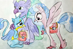 Size: 2000x1333 | Tagged: safe, artist:mandumustbasukanemen, gallus, seaspray, silverstream, classical hippogriff, griffon, hippogriff, g4, atg 2020, bag, cute, diastreamies, female, gallabetes, happy, male, mandumustbasukanemen is trying to murder us, newbie artist training grounds, saddle bag, spread wings, traditional art, wings