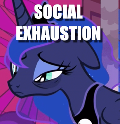 Size: 493x508 | Tagged: safe, edit, edited screencap, screencap, princess luna, pony, a royal problem, g4, bags under eyes, caption, cropped, exhausted, female, image macro, solo, text