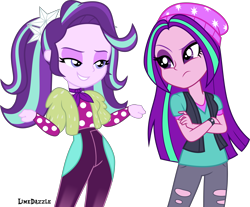 Size: 5430x4500 | Tagged: safe, artist:limedazzle, aria blaze, starlight glimmer, equestria girls, g4, absurd resolution, beanie, clothes swap, duo, hat, lidded eyes, raised eyebrow, show accurate, simple background, smiling, transparent background