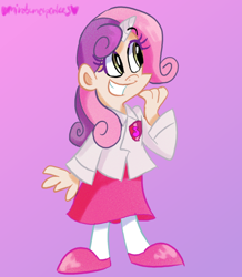 Size: 696x800 | Tagged: safe, artist:mirabuncupcakes15, sweetie belle, human, g4, clothes, female, flats, gradient background, grin, horn, horned humanization, humanized, shoes, skirt, smiling, socks, solo, stockings, thigh highs