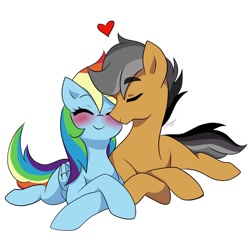 Size: 1024x1024 | Tagged: safe, artist:colorfullcomics, quibble pants, rainbow dash, earth pony, pegasus, pony, g4, blushing, cute, dashabetes, duo, eyes closed, female, heart, male, mare, quibblebetes, ship:quibbledash, shipping, simple background, stallion, straight, white background