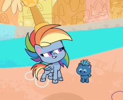 Size: 483x395 | Tagged: safe, screencap, rainbow dash, smallfry, earth pony, pegasus, pony, g4.5, my little pony: pony life, the best of the worst, colt, cropped, female, male, mare