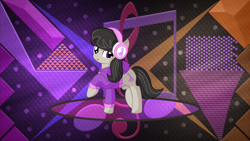 Size: 3840x2160 | Tagged: safe, artist:cyanlightning, artist:laszlvfx, edit, octavia melody, earth pony, pony, g4, clothes, cute, ear fluff, female, headphones, high res, hoodie, solo, tavibetes, tongue out, wallpaper, wallpaper edit