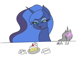 Size: 1100x850 | Tagged: safe, artist:melliedraws, princess celestia, princess luna, alicorn, pony, g4, cake, cakelestia, food, glowing eyes, grin, heart nostrils, long eyelashes, newbie artist training grounds, open mouth, smiling, this will end in tears and/or a journey to the moon