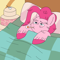 Size: 3500x3500 | Tagged: safe, artist:aaron amethyst, pinkie pie, earth pony, pony, g4, backwards thermometer, bed, confetti, female, food, high res, piñata, sick, solo, soup, thermometer