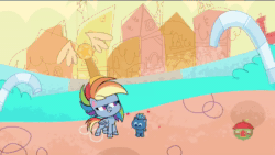 Size: 1280x720 | Tagged: safe, screencap, rainbow dash, smallfry, earth pony, pegasus, pony, g4.5, my little pony: pony life, the best of the worst, animated, colt, female, male, mare, smol, sound, squished, treehouse logo, trophy, webm