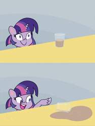 Size: 900x1200 | Tagged: safe, artist:crystalightx, twilight sparkle, pony, g4, g4.5, my little pony: pony life, chocolate, chocolate milk, comic, drink, even more pure unfiltered evil, everything is ruined, evil, exploitable meme, food, meme, milk, pure unfiltered evil, smiling, spill, spilled milk