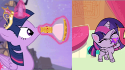 Size: 1280x720 | Tagged: safe, screencap, twilight sparkle, alicorn, pony, g4, g4.5, my little pony: pony life, princess probz, princess twilight sparkle (episode), season 4, bottle, comparison, drink, female, flashback potion, hoof hold, magic, mare, potion, telekinesis, twilight sparkle (alicorn)