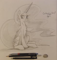 Size: 2176x2319 | Tagged: safe, artist:sny, princess celestia, alicorn, pony, g4, celestia day, female, high res, paper, photo, sitting, smiling at you, solo, tall alicorn