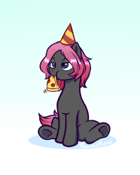 Size: 400x500 | Tagged: safe, artist:soulfulmirror, oc, oc only, oc:soulful mirror, earth pony, pony, birthday, eating, food, hat, male, meat, party hat, pepperoni, pepperoni pizza, pizza, ponysona, solo, stallion