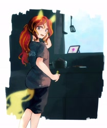 Size: 1710x2048 | Tagged: safe, artist:toki, sunset shimmer, equestria girls, g4, clothes, female, human coloration, ladle, looking at you, looking back, looking back at you, spatula, tablet
