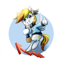 Size: 1000x1000 | Tagged: safe, artist:ce2438, oc, oc only, oc:stormy squall, pegasus, pony, abstract background, bipedal, clothes, female, grin, mare, pegasus oc, smiling, solo, telescope, wings