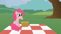 Size: 1432x808 | Tagged: safe, artist:forgalorga, pinkie pie, earth pony, pony, it's picnic time, g4, basket, cute, diapinkes, female, food, forgalorga is trying to murder us, herbivore, mare, picnic basket, picnic blanket, sandwich, solo, sweet dreams fuel, tree