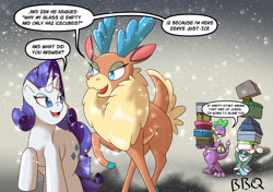 Size: 5016x3541 | Tagged: safe, artist:wirlog, rarity, spike, velvet (tfh), deer, dragon, elf, pony, reindeer, unicorn, winter sprite, them's fightin' herds, g4, bad pun, community related, crossover, dialogue, female, male, mare, pun, snow, snowfall, speech bubble, square crossover, winged spike, wings